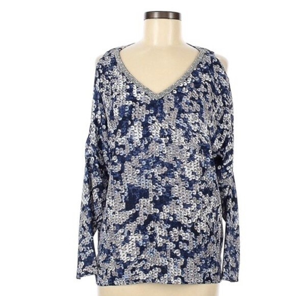 Juicy Couture sequin print long sleeve cutout top blue silver‎ size L - Picture 1 of 8